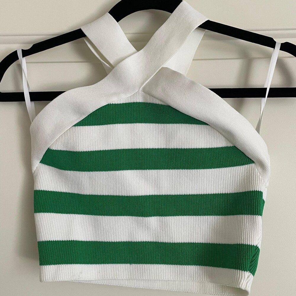 Babaton Sculpt Knit Criss Cross Tank Top Sz M Green White Stripe Cropped - Picture 2 of 6